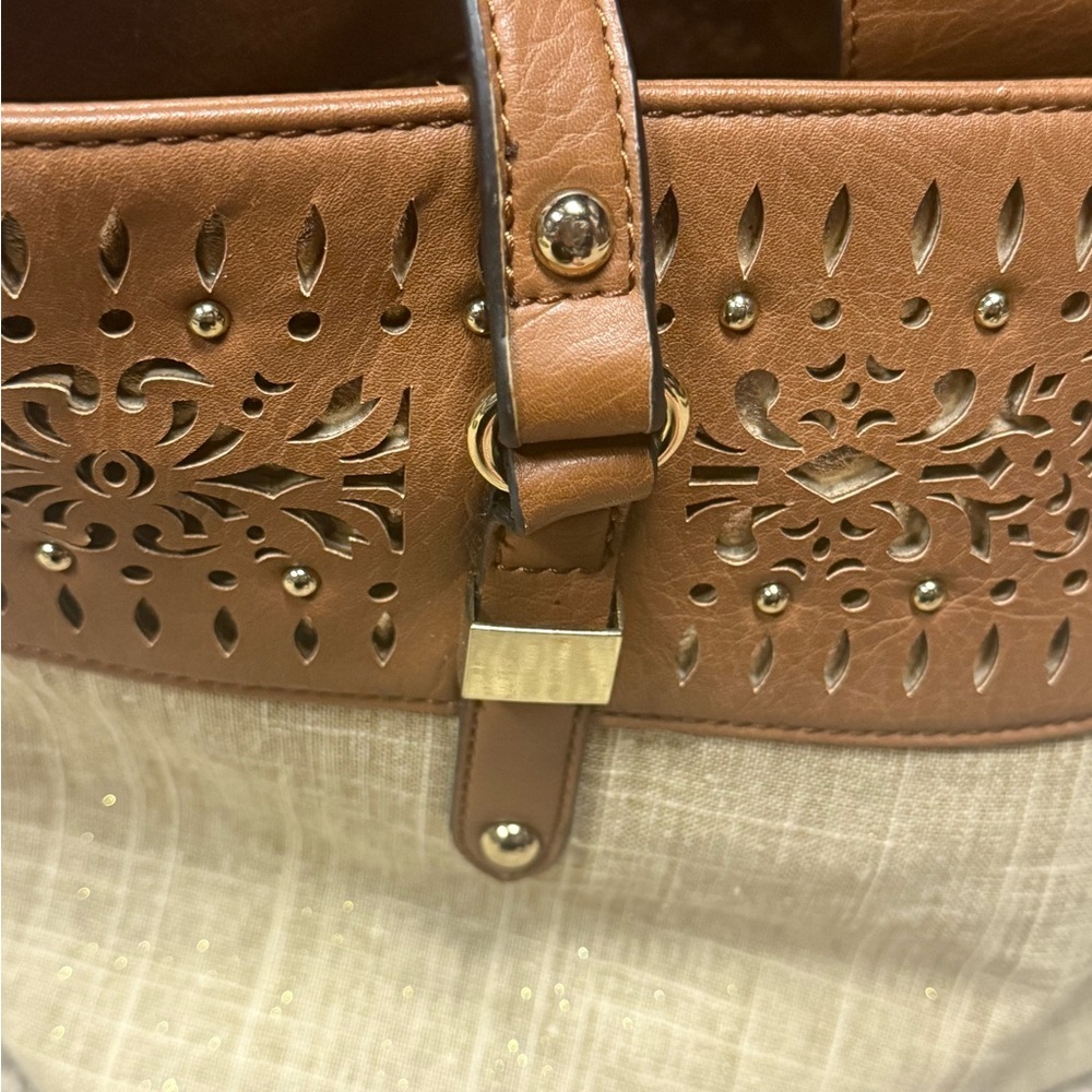 Nicole Miller Tan Sparkly Linen & Faux Leather Laser-Cut Tote Handbag - Picture 13 of 14